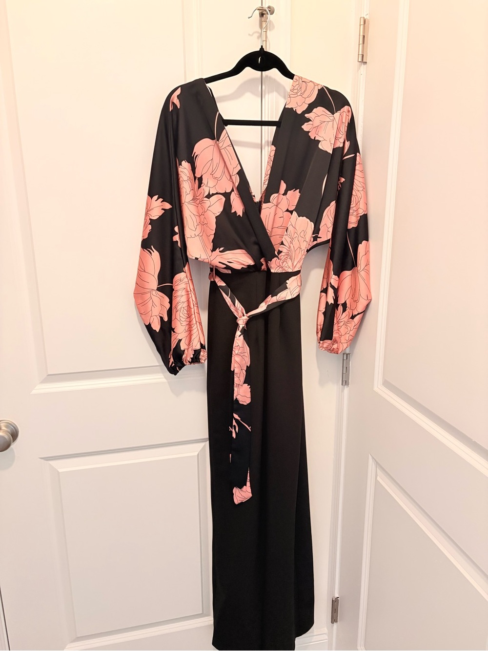 Wrap-Front Floral Jumpsuit in Pink and Black